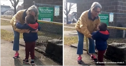 Junge rennt und umarmt seine neu geimpfte Oma zum ersten Mal seit 15 Monaten
